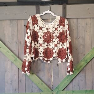 Cropped White and Tan Embellished Blouse